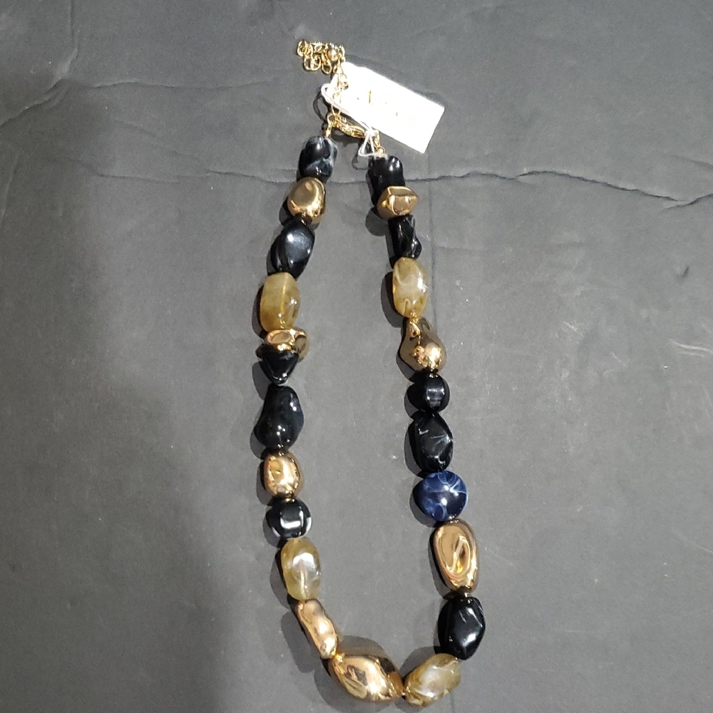 Natasha couture gold tone black onyx look multi beaded necklace‎ new